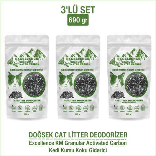 Kedi Kumu Koku Giderici 3'lü Set 690gr Excellence KM Granular Activated Carbon Kömür Bazlı Granül Aktif Karbon Kalın Taneli