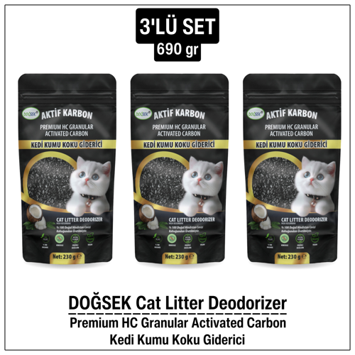 Kedi Kumu Koku Giderici 3'lü Set 690gr Premium HC Granular Activated Carbon Hindistan Cevizi Kabuğu Bazlı Granül Aktif Karbon Coconut
