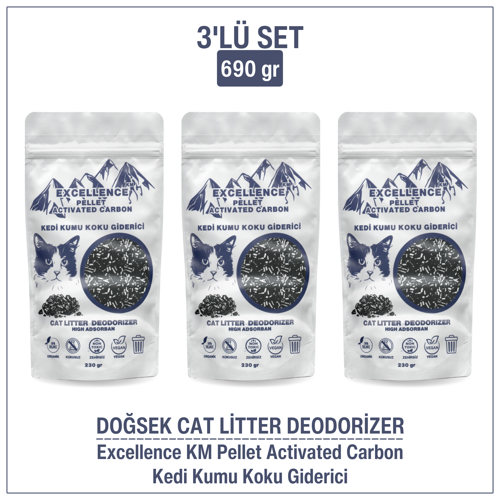 Kedi Kumu Koku Giderici 3'lü Set 690gr Excellence KM Pellet Activated Carbon Kömür Bazlı Pelet Aktif Karbon