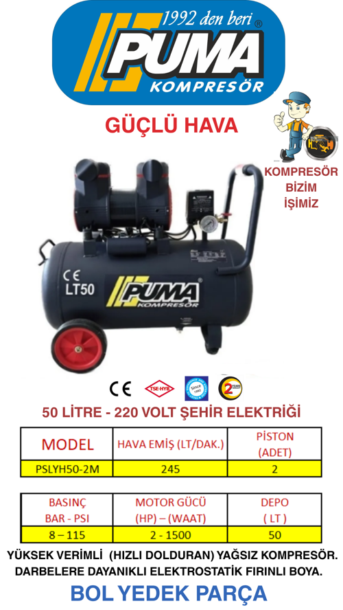 50 LT HAVA KOMPRESÖRÜ 2HP (YAĞSIZ-HIZLI DOLDURAN)