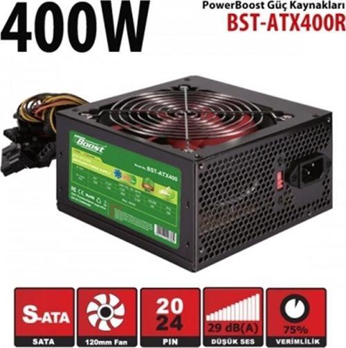 PowerBoost BST-ATX400R 400w, PPFC 12cm Siyah Fanlı ATX PSU Power kablo (Retail Box) Güç Kaynağı