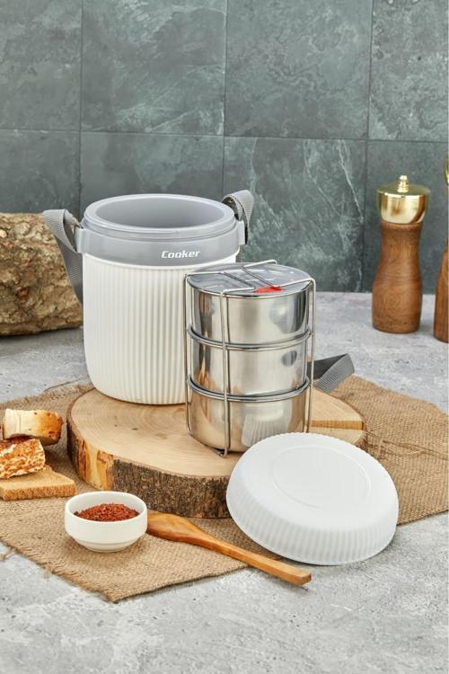 3147 Gri Lüx 1,2 Litre Çelik Hazneli 3'lü Yemek Termosu