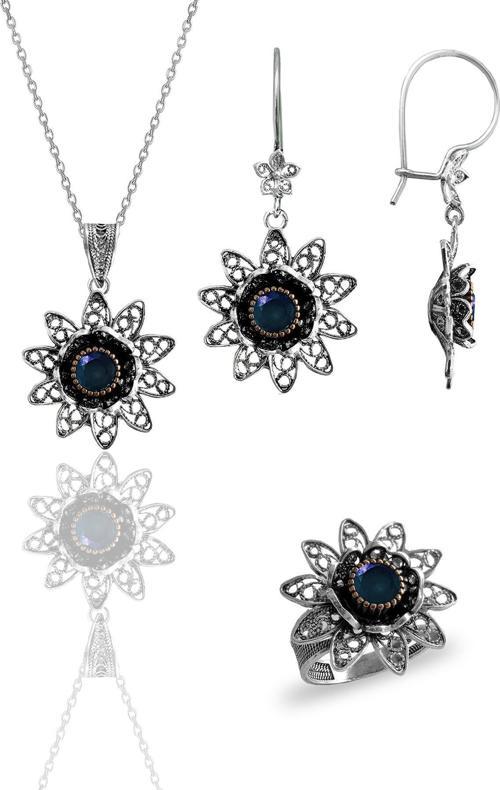 Gümüş safir taşlı nilüfer modeli telkari işlemeli kolye küpe ve yüzük üçlü set