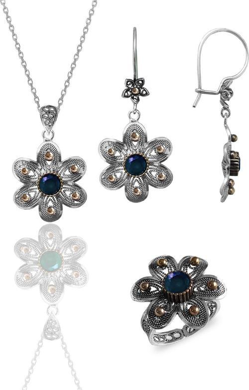 Gümüş safir taşlı papatya modeli telkari işlemeli kolye küpe ve yüzük üçlü set