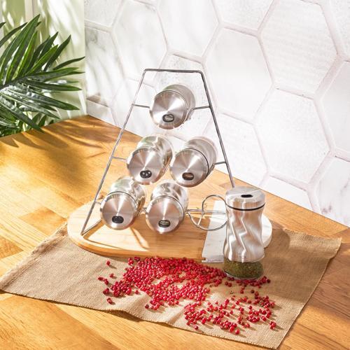 Cam Tottori Inox 7 Parça Üçgen Standlı Cam Baharatlık - Baharat Seti 7 Parça