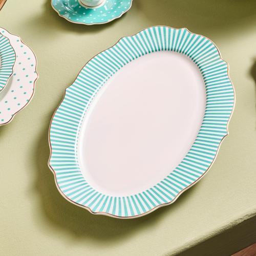 New Romantic İnce Çizgili Kayık Tabak 36 Cm Yeşil