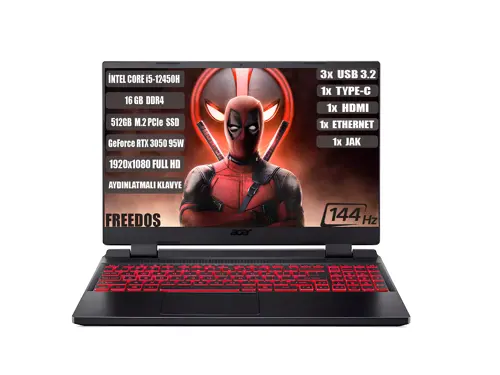 Nitro 5 AN515-58 I5-12450H 16 GB 512 GB SSD RTX3050-4 GB 15.6" IPS Fhd 144 Hz Freedos NH.QFJEY.007+165