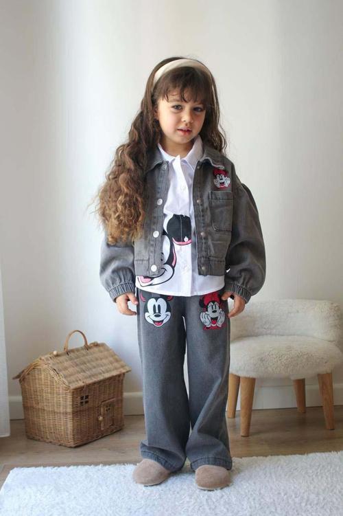 KIZ ÇOCUK MİNNİE NAKIŞLI GÖMLEKLİ KOT CEKETLİ 3LÜ TAKIM 