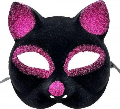 Siyah Fuşya Simli Süet Kedi Maskesi