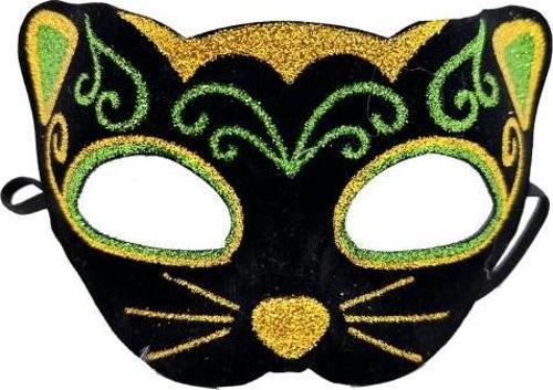 Siyah Kadife Sarı Yeşil Simli Kedi Maskesi