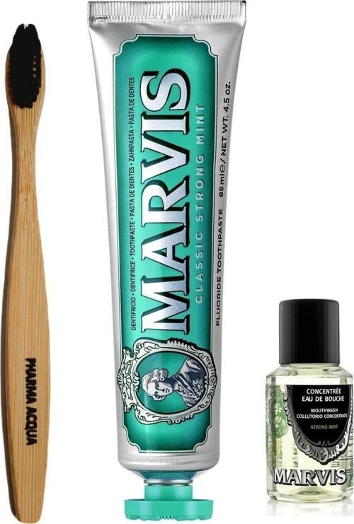 Bambu Diş Fırçası + Marvis Classic Strong Mint Diş Macunu 85 Ml + Konsantre Ağız Gargarası 30 Ml