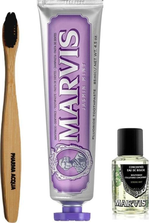 Bambu Diş Fırçası + Marvis Jasmin Mint Diş Macunu 85 Ml + Konsantre Ağız Gargarası 30 Ml