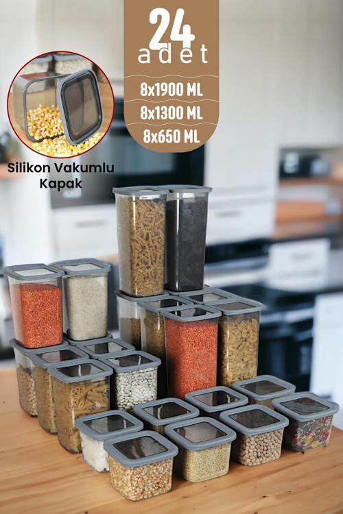 Kapaklı Erzak Bakliyat Saklama Kabı Kare Saklama Kutusu Seti 24 Adet 1900-1300-650 ML
