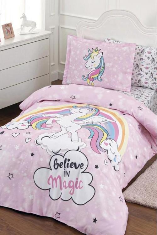 Unicorn Ranforce Tek Kişilik Fitted Çarşaf Nevresim Takımı - Pembe