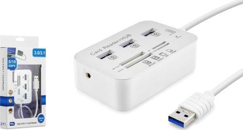 HDX7028 USB-A 3.1 - 3xUSB 3.0 Hub + MS/SD/M2/TF Kart Okuyuculu USB Çoklayıcı - Beyaz