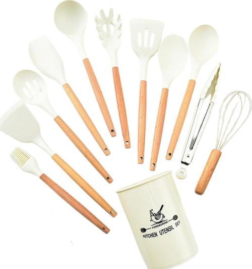 12 Parça Kepçe Spatula Kevgir Mutfak Servis Seti Ahşap Saplı Mutfak Seti, Saklama Kutulu