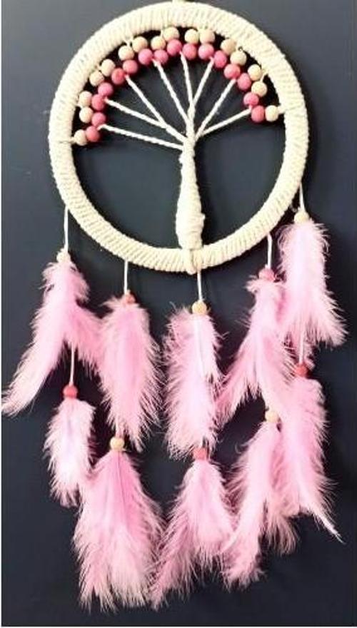 Pembe Kuş Tüylü Hayat Ağacı Düş Kapanı Dream Catcher Duvar Süsü
