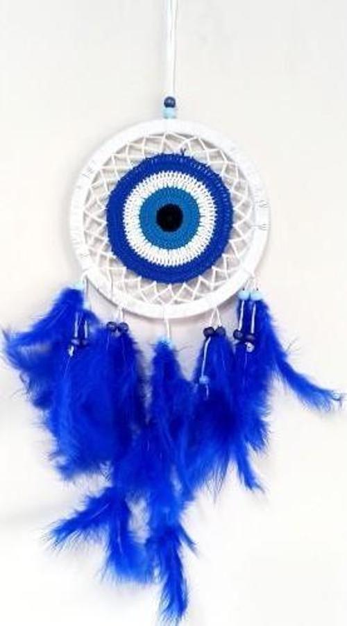 Saks Mavisi Kuş Tüylü Dream Catcher Nazar Boncuğu Motifli Düş Kapanı Duvar Süsü