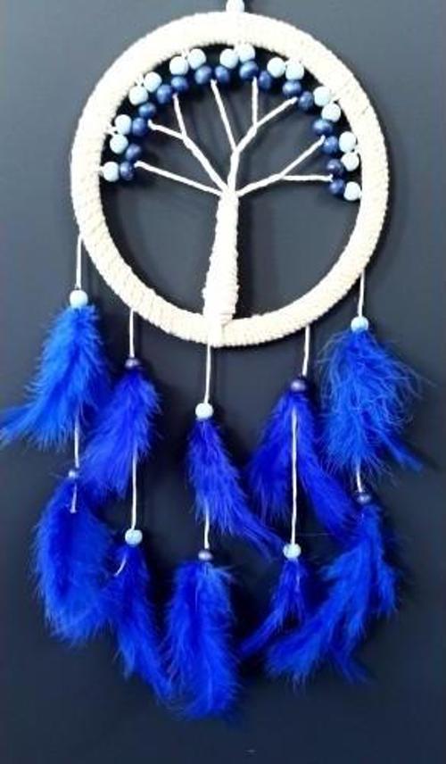 Saks Mavisi Kuş Tüylü Hayat Ağacı Düş Kapanı Dream Catcher Duvar Süsü