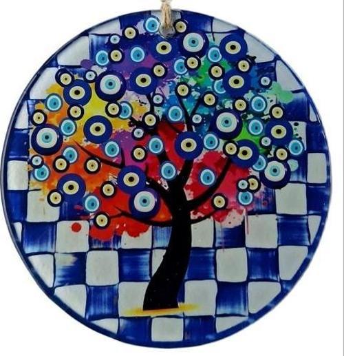 Dilek Ağacı Desenli Nazar Boncuklu Füzyon Cam Duvar Süsü