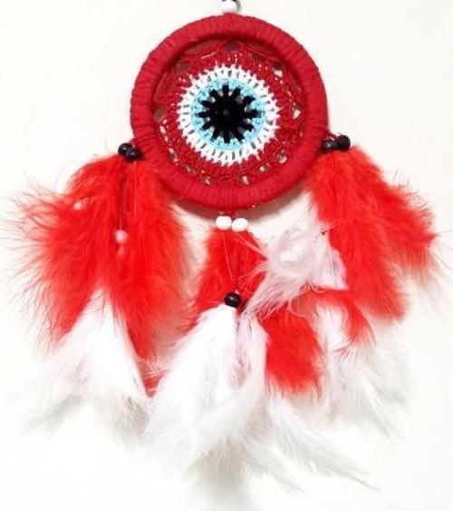 Kırmızı Ve Beyaz Kuş Tüylü Dream Catcher El Yapımı Mini Duvar Süsü
