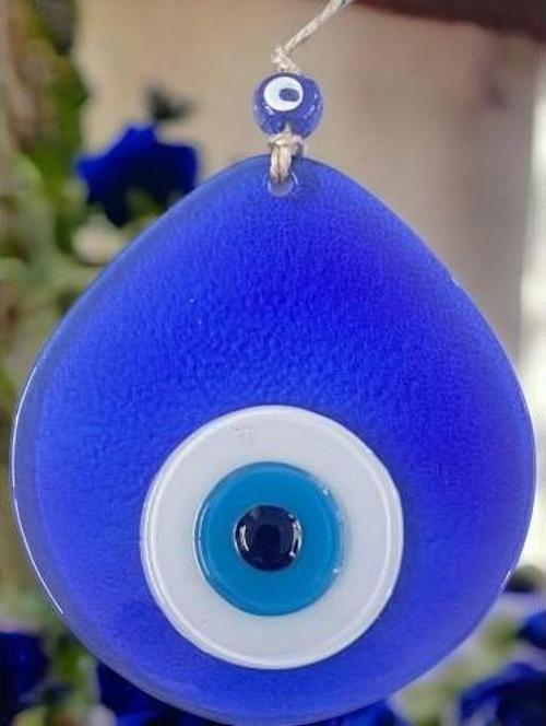Mavi Nazar Boncuklu Şeffaf Mavi Renk Nazar Boncuklu Damla Desen El Yapımı Duvar Süsü