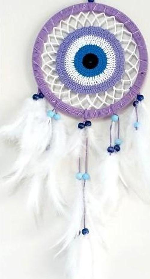 Nazar Boncuğu Motifli Lila Rengi Dream Catcher Düş Kapanı Duvar Süsü