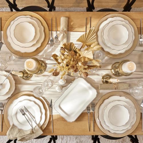 Daisy Gold Wave Shape Kayıklı 27 Parça 6 Kişilik Porselen Yemek Takımı