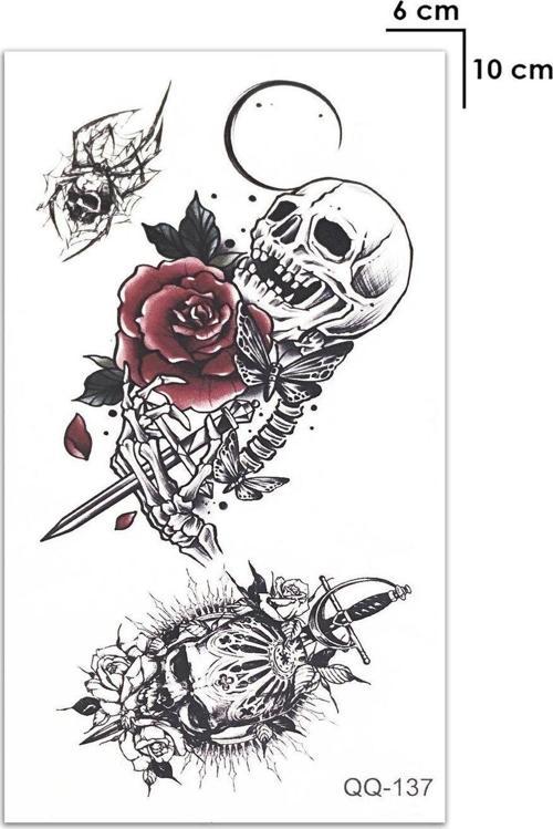 Kafatası İskelet Gül Rose Omuz Geçici Dövme Tattoo Aksesuar Şık