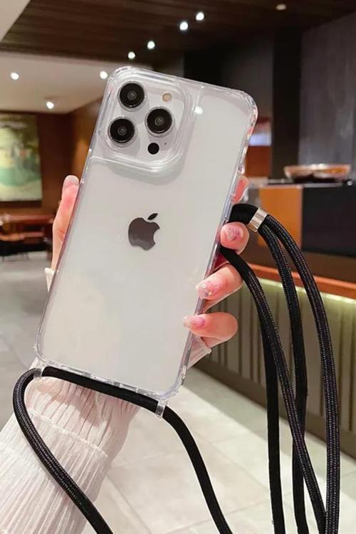 iPhone 15 Pro Kılıf Kamera Çıkıntılı Airbag Tasarım Askılı Şeffaf Silikon
