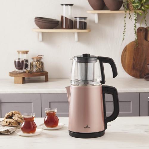 Tea Glass 2 in 1 Çelik Çay Makinesi ve Kettle Rosegold