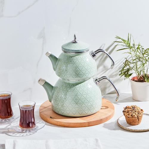 Kristal Yeşil İndüksiyon Tabanlı Emaye Midi Çaydanlık Takımı