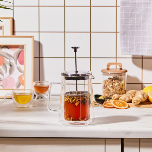 Pia Konik Çift Cidarlı Borosilikat Cam French Press 600 ml Metalik
