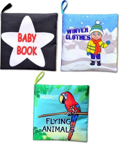 3 Kitap Tox İngilizce Siyah-Beyaz Bebek , Kışlık Giysiler ve Uçan Hayvanlar Kumaş Sessiz Kitap E125 E133 E136 - Bez Kita