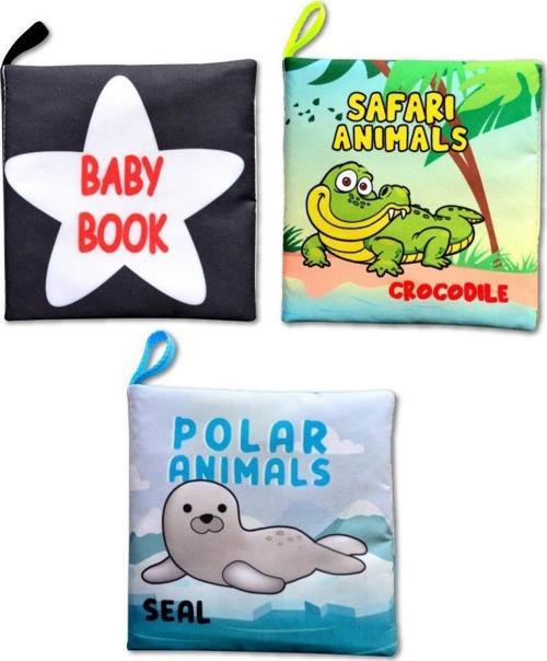3 Kitap Tox İngilizce Siyah-Beyaz Bebek , Safari ve Kutup Hayvanları Kumaş Sessiz Kitap E125 E130 E136 - Bez Kitap , Eği