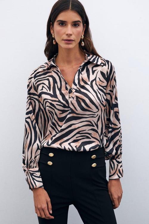 Desenli Gömlek Yaka Bluz - Siyah