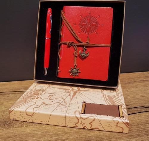 Kırmızı Hediyelik Kutulu Deri Defter Kalem Set