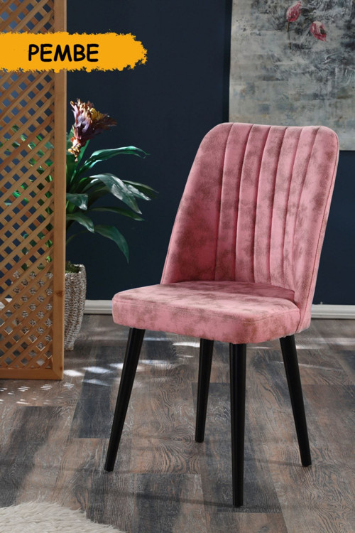 Polo Sandalye - Milas Pembe - Ahşap Siyah Ayaklı - Salon Sandalyesi / Mutfak Sandalyesi
