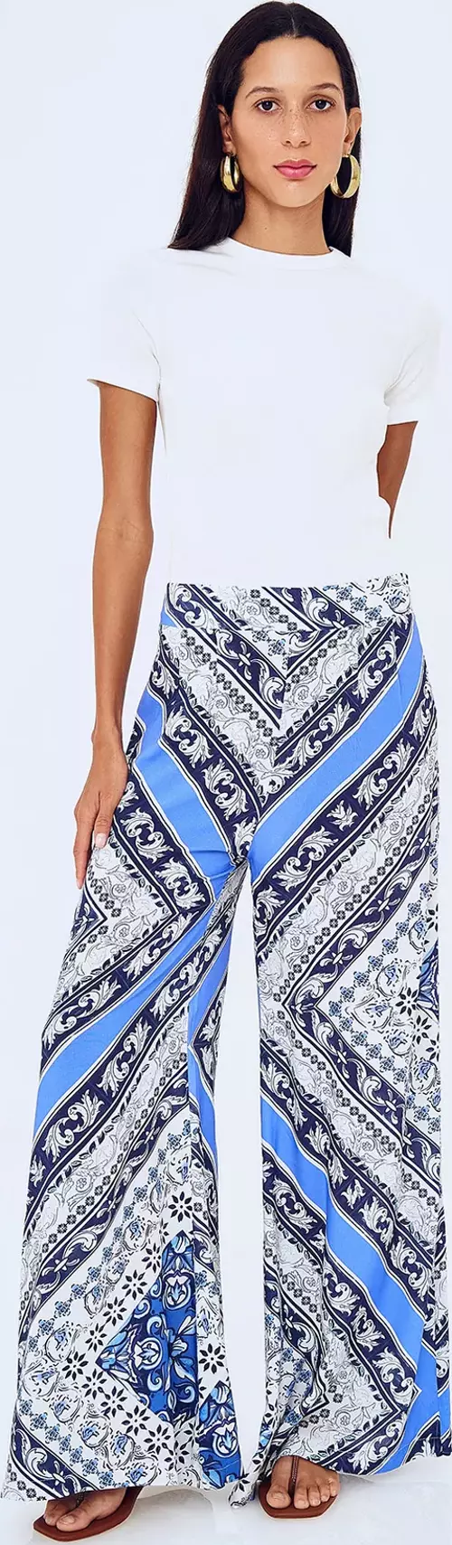 Renkli Desenli Geniş Paça Pantolon Mavi