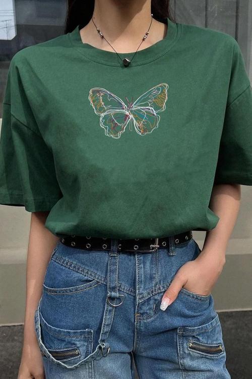 Unisex Butterfly  Baskılı T-shirt