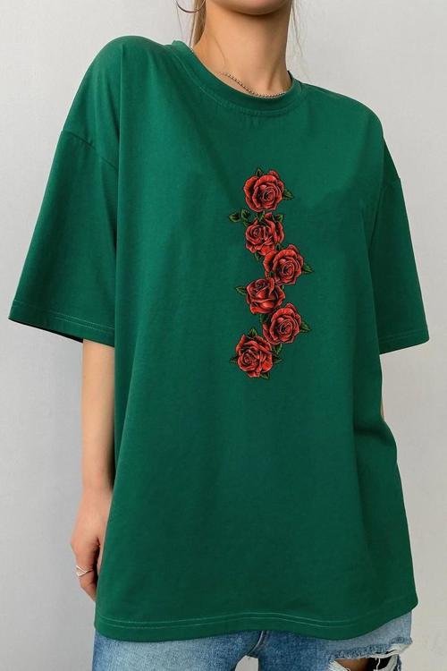 Unisex Rose Baskılı T-shirt