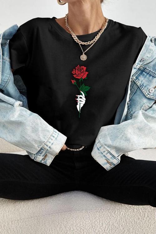 Unisex Rose Baskılı T-shirt
