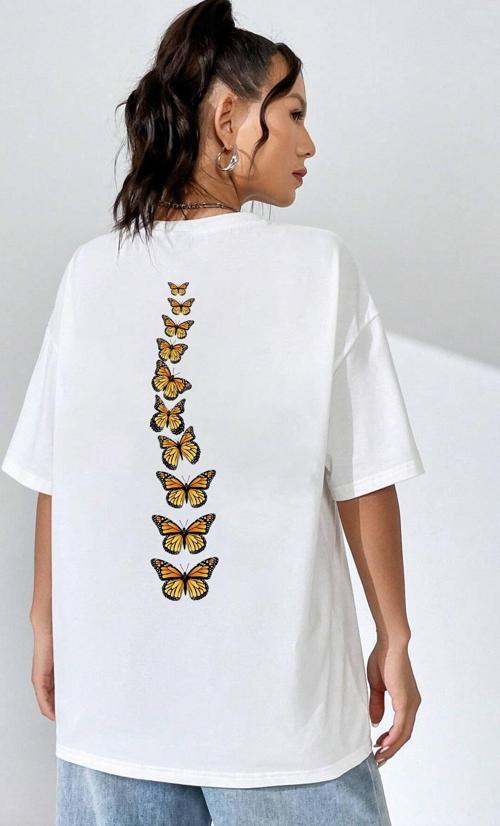Unisex Sırt Kral Kelebek Baskılı T-shirt