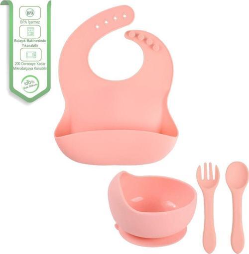 Çocuk Silikon Mama Önlüğü - Silikon Vakumlu Kase - Silikon Kaşık Ve Çatal - Pembe