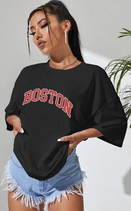 Unisex Boston Baskılı T-shirt