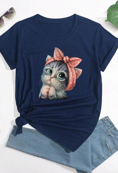 Unisex Sevimli Kedi Tasarım T-shirt