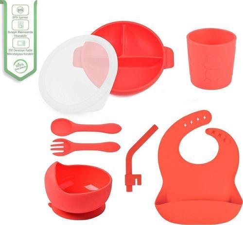 Silikon Beslenme Seti Mama Tabağı - Düz Bardak - Kase - Pipet - Önlük - Çatal - Kaşık - Kırmızı
