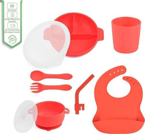 Silikon Beslenme Seti Mama Tabağı - Kapaklı Kase - Pipet - Silikon Çatal - Kaşık - Düz Bardak - Kırmızı