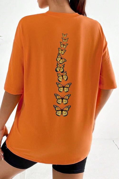 Unisex Sırt Kral Kelebek Baskılı T-shirt