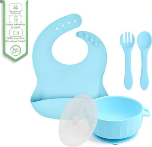 Silikon Beslenme Seti Silikon Vakumlu Kapaklı Mama Kase - Silikon Önlük - Silikon Kaşık
